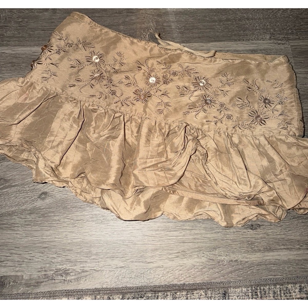 Vintage Y2K Abercrombie & Fitch Micro Mini Skirt Beaded Flowers Tan Silk